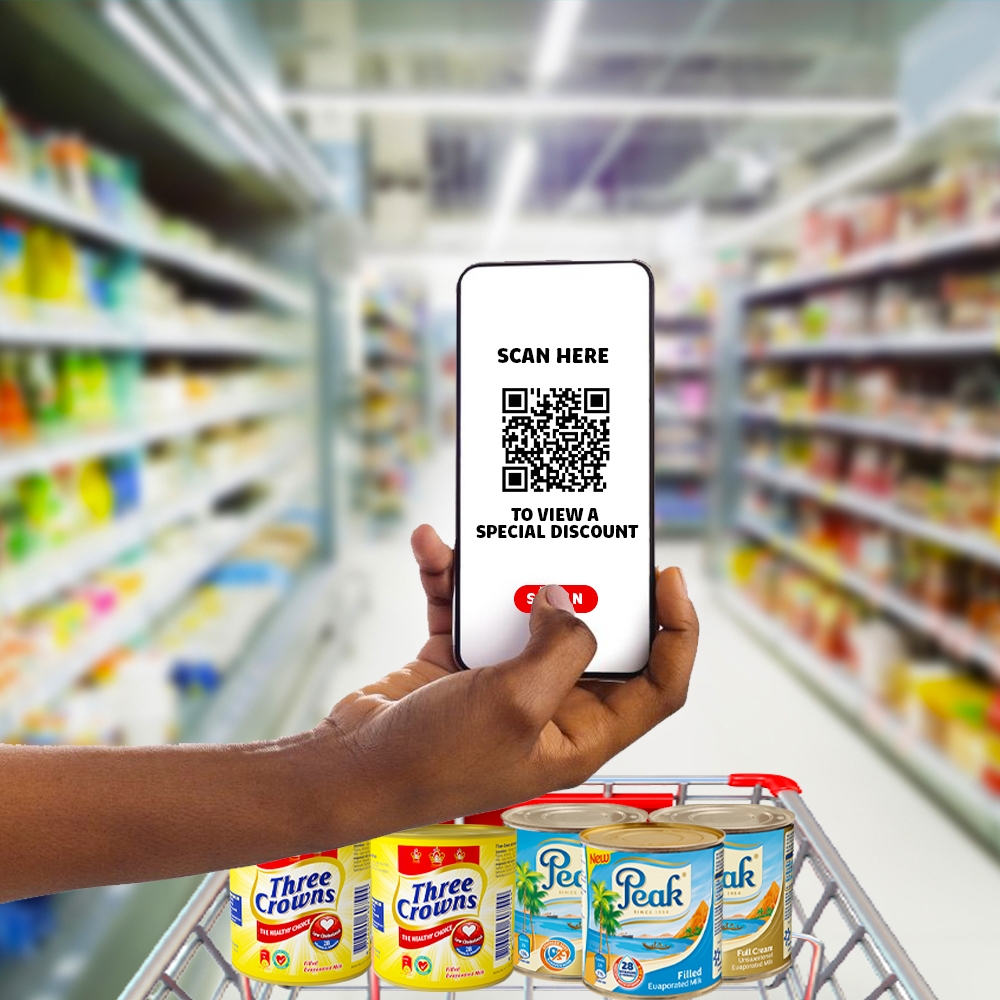 Shopping for Peak Milk with a phone screen with QR-Code